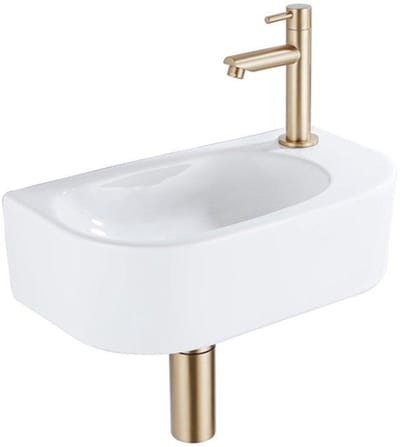 Fugaflow Efficiente Pietra Fonteinset - 40x21.5x12cm - rechts - glad - halfrond - 1 kraangat - keramiek - fonteinkraan geborsteld messing - afvoerplug - verlaagd sifon - wit glans