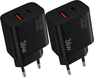 Usb C adapter - Snellader - 35w - Quick charge - Super fast charging - Met usb en usb C - 2 poorten - Universeel - Gan - Klein - 2 stuks - Zwart