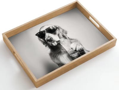 Dienblad hout 50x35 cm - Schootdienblad - Golden retriever - Hond - Zonnebril - Gkas - Borrelplank rechthoek - Plateau dienbladen