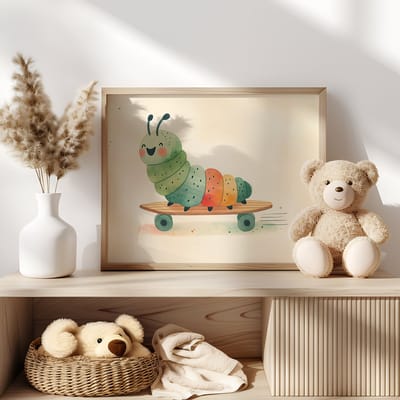 No Filter - Poster Rups op Skateboard - Poster voor Baby- en Kinderkamer - A4 (21x30 cm) - 250 grams papier - Kinderkamer decoratie