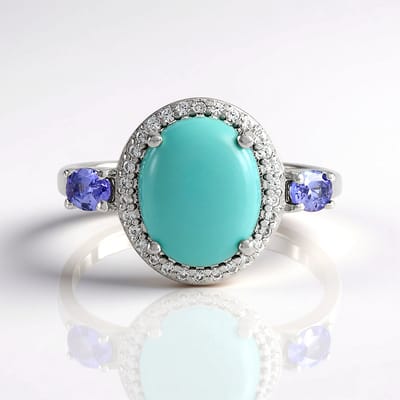 Cavill - Elegante damesring 925 Sterling Zilver platina verguld - Ovale Campitos Turkoois 2,508 ct - Tanzaniet & Zirkonia 3,069 ct
