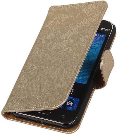 Lace Bloem Design Goud Samsung Galaxy J1 2015 - Book Case Wallet Cover Hoesje