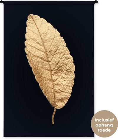 Wandkleed Golden leaves staand - Blad van goud tegen een zwarte achtergrond Wandkleed katoen 120x180 cm - Wandtapijt met foto XXL / Groot formaat!
