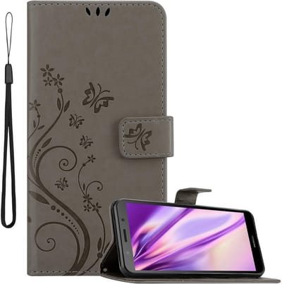 Cadorabo Hoesje geschikt voor Huawei Y5 PRIME 2018 / Y5 2018 in BLOEMEN GRIJS - Beschermhoes in bloemmotief met magnetische sluiting, standfunctie en kaartsleuven Book Case Cover Etui
