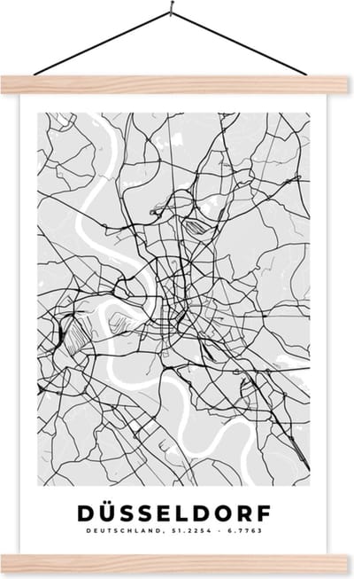 Posterhanger incl. Poster 40x60 cm - Schoolplaat - Duitsland - Stadskaart - Plattegrond - Düsseldorf - Kaart - Textielposter - Blanke latten - Stadskaart