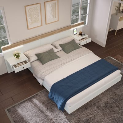 DESMIU Groot Tweepersoonsbed 180x200cm – Zwevend Bed met 2 Nachtkastjes, Lades en Oplaadfunctie – Slaapkamer – Houtdecor – Wit en Sonoma Eiken – Zonder matras