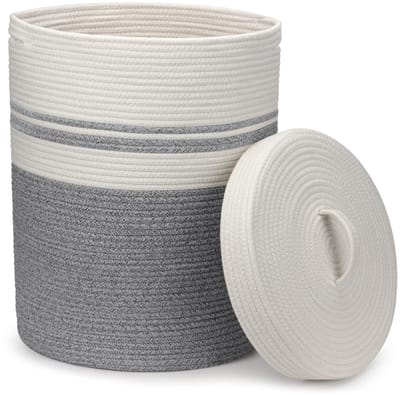 wasmand met deksel, wasmand - wasmanden, gevlochten groot en XXL, wit, katoenen mand, opbergmand, groot (grijs, 37 x 52 cm)