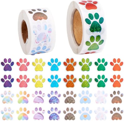 Kleurige hondenpootafdruk stickers - 2 rollen zelfklevende papieren decals voor cadeauverpakking, envelopseals en decoratie