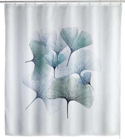 Famanu - Douchegordijn gingko motief, antibacterieel textiel, wasbaar en waterafstotend, met 12 ringen