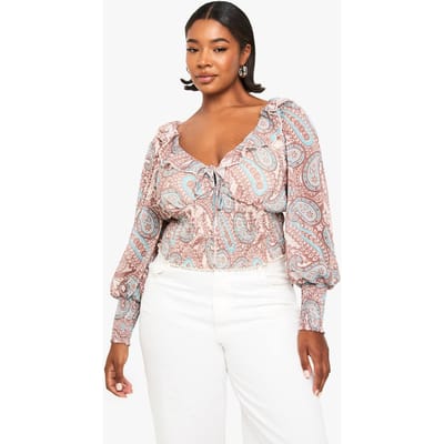 boohoo Dames PLUS PAISLEY BLOES MET GERAFTE TAILLE EN DIEPE V-HALS | Ecru | Maat: 56