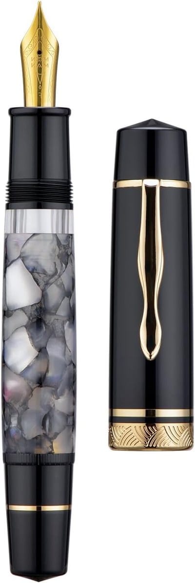 Vulpen met Fijn Messing Piston Systeem, Grote Capaciteit en Luxe Verpakking, Grijs Marmer Acryl