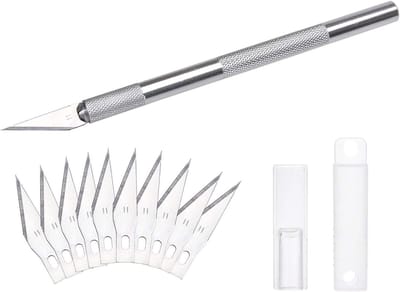 Famanu - Scalpelset, incl. 10x SK5 reservemesjes en beschermkap, knutselmes cuttermes Comfortline hobby-snijmes voor het snijden van fondant stof autofolie knutselen (zilver)
