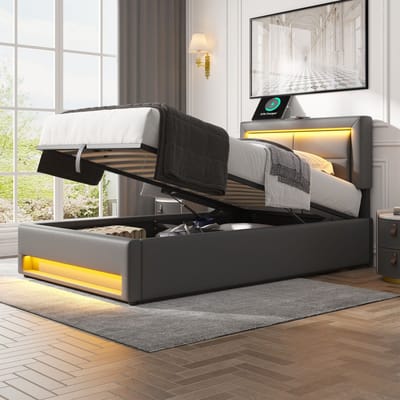 STILVORA Tweepersoonsbedden 90x200 cm - Gestoffeerd Bed Met Lattenbodem En USB-Oplader - PU - Grijs