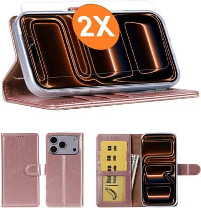 Hoesje geschikt voor iPhone 17 Pro Max hoesje Rose Goud pasjeshouder telefoon hoes - Met screenprotector tempered glass voor iPhone 17 Pro Max - 2x