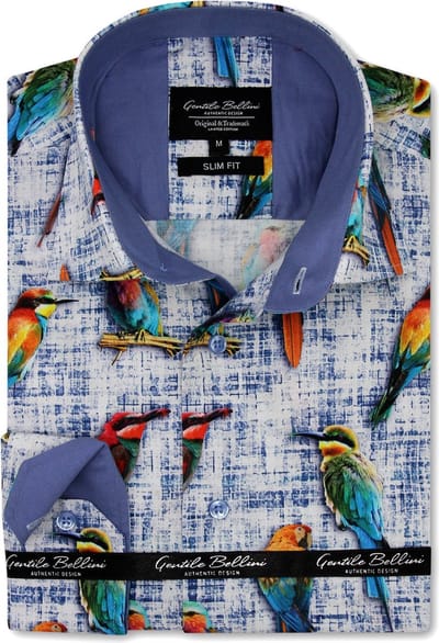 Heren Overhemden Lange Mouw - Slim Fit Overhemd Heren - Bird Art - Blouse Heren Volwassenen - Blauw