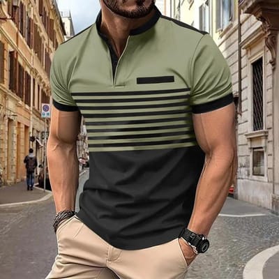 Polo rayé pour homme Décontracté Color Block Manches courtes Revers Col montant Polo d'été Chemise de golf Mesure européenne XXXL vert d’armée