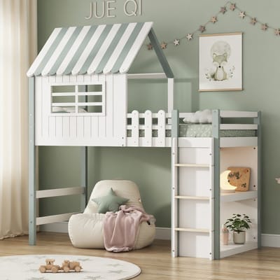Gutent-Hoogslaper kind 90x200 cm met dakvorm en veiligheidsleiter houten hoogslaper groen