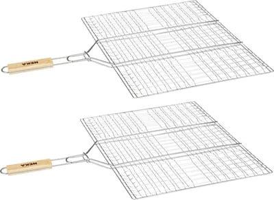BBQ/barbecue hamburger grill klem - 2x - Rechthoek - houten handvat - 40 x 50 cm - grill rooster