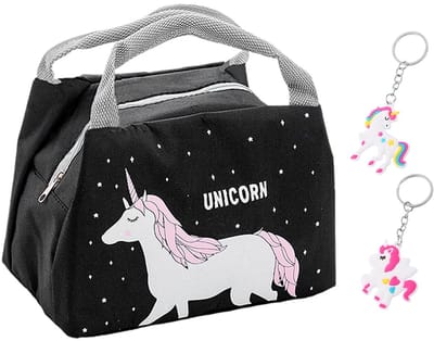 Dailygoods- Lunchtas Eenhoorn - Schoollunchtas - Picknicktas - Koeltas - Zwart - Duurzaam Polyester - Inclusief Hanger
