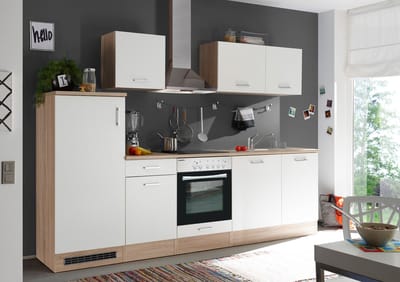 Goedkope keuken 280 cm - complete keuken met apparatuur Petunia - Natuur eiken/Wit - keramische kookplaat - vaatwasser - afzuigkap - oven - spoelbak