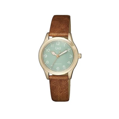 Q&Q QB93J105Y - Horloge - Vrouwen - Dames - Leren band - Rond - Metaal - Cijfers - Bruin - Rosékleurig - Groen - 3 ATM