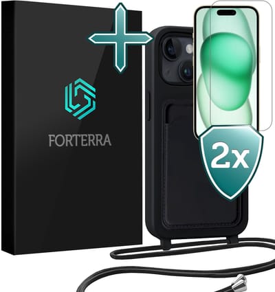Hoesje Geschikt voor iPhone 15 Plus Pashouder Case Siliconen Hoes Met Koord Met 2x Screenprotector - Hoes Geschikt voor iPhone 15 Plus Met Telefoonkoord Hoesje Back Cover Met Pasjeshouder - Zwart