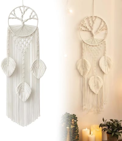 Dailygoods- Dromenvanger groot - Handgemaakt van katoen - Wanddecoratie boho - Levensboom - Beige - 20 x 80 cm