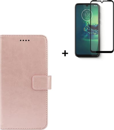 Hoesje Geschikt voor Motorola Moto G30 - Full Screenprotector Motorola Moto G30 - Motorola Moto G30 Hoes Wallet Bookcase Rose Goud + Full Tempered Glass