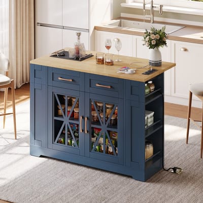MODENUIT Keukeneiland - Uitklapbaar Werkblad Met USB En Stopcontacten - Voor Keuken - MDF Blauw Naturel - 120x40x92 cm