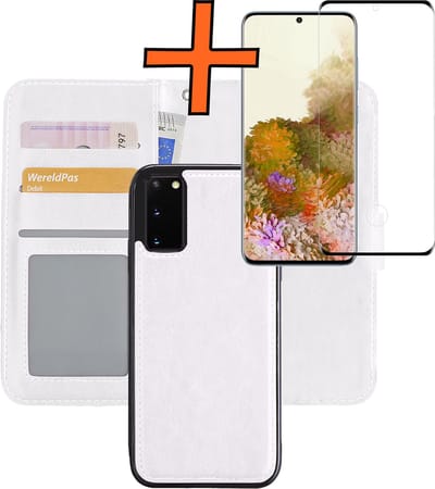 Hoes - 2 in 1 - Geschikt voor Samsung Galaxy S20 - Met Screenprotector - En Uitneembare Hard Cover - Bookcase - Wallet Case - Met Pasjeshouder - Book Case - Uitneembaar - Pashouder - Kunstleer - Wit