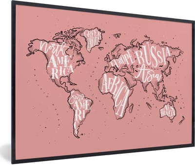 Poster in lijst - Fotolijst 120x80 cm - Posters - Wereldkaart - Roze - Letters - Posterlijst zwart - Decoratie - Wanddecoratie woonkamer - Muurdecoratie slaapkamer
