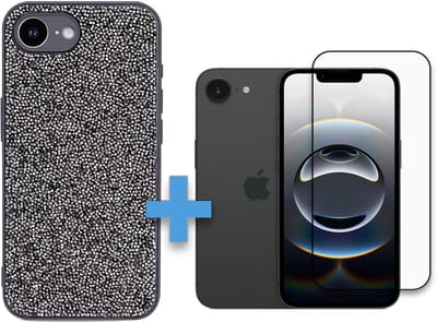 Casemania Hoesje Geschikt voor Apple iPhone 16e - Grijs - Diamant Glitter Back Cover / Volledige Dekkend Glazen Screenprotector