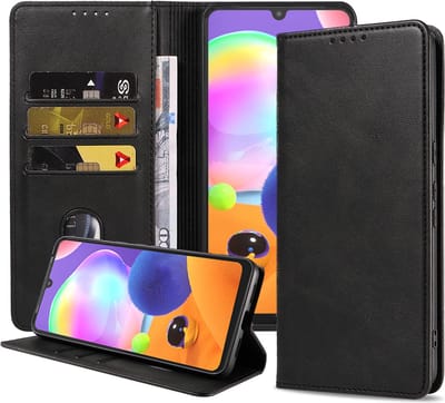 Smartphonica Samsung Galaxy A31 kunstleren hoesje met magnetische sluiting en pashouders book case - zwart geschikt voor Samsung Galaxy A31
