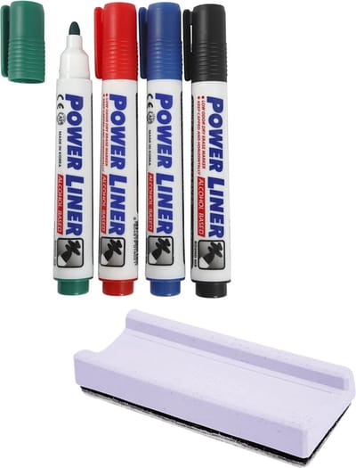 Whiteboard stiften 4x gekleurd - en een whiteboard wisser - complete set - kantoor/thuis - Power Liners met punt van 4 mm