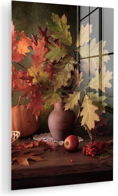 MuchoWow® Glasschilderij 100x150 cm - Schilderij acrylglas - Stilleven - Pompoen - Bladeren - Appel - Kersen - Herfst - Foto op glas - Muurdecoratie woonkamer - Wanddecoratie slaapkamer - Schilderijen