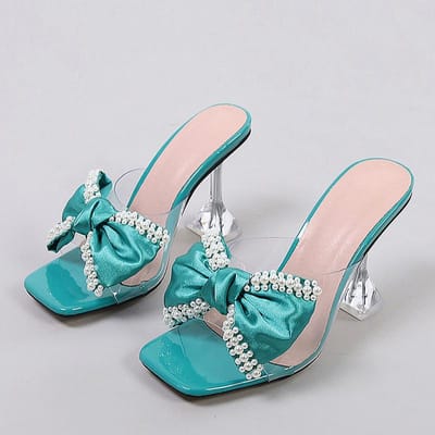 2025 Nieuwe Stijl Roze Dames Pantoffels Sandalen Mode Parel Strik Hoge Hakken PVC Transparante Schoenen Zomer Muilezels Slides Pumps 34 groen