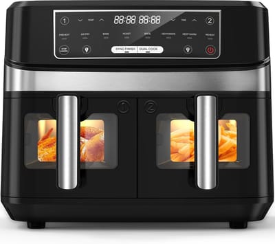 Dubbele Airfryer - Heteluchtfriteuse Dubbele Mand Airfryer - Gezond Koken - Twee Manden Tegelijk - 10 Liter - Zwart
