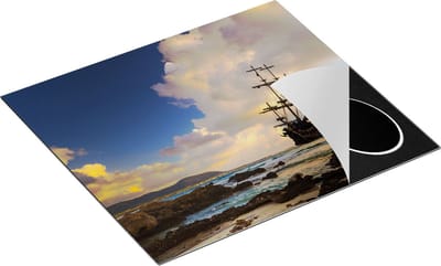 Chefcare Inductie Beschermer Piratenschip aan de Kust bij Zonsondergang - 60x50 cm - Afdekplaat Inductie - Kookplaat Beschermer - Inductie Mat