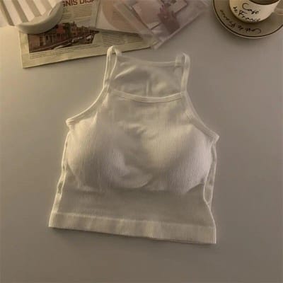 Koreaanse versie dames tanktops draad effen casual mode crop top met borstkussen streep mouwloos bovenkleding basic hemdje One Size wit