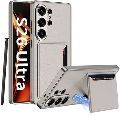 Casemania Hoesje Geschikt voor Samsung Galaxy S26 Ultra - Licht Grijs - Kunstleren Back Cover met Pasjeshouder Staandaard