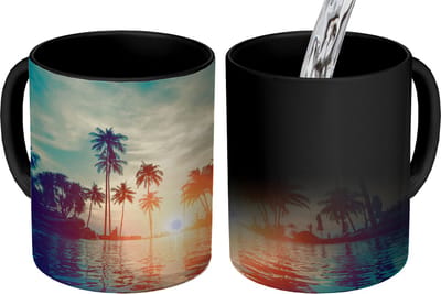 Magische Mok - Foto op Warmte Mokken - Koffiemok - Zee - Zonsondergang - Palmboom - Wolken - Magic Mok - Beker - 350 ML - Theemok