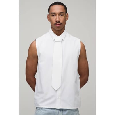 Regular Fit Mouwloos Overhemd Met Stropdas | White | Size Medium