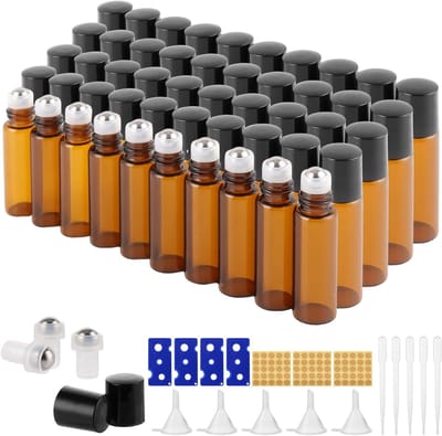 50 Stuks Essentiële Olie Roll-on Flesjes van Glas, 5ml met RVS Rollerball voor Aromatherapie, Massage en Spa Gebruik