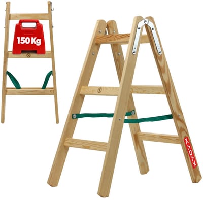 KADAX Houten ladder, bokladder tot 150 kg, inklapbare schilderladder, dubbele trap ladder met stalen haken, elektricienieladder, staande ladder, huishoudladder (3 treden)