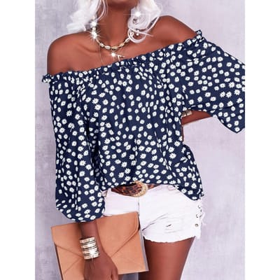 Dames Off Shoulder Chiffon Blouse Bloemenprint Losse Pasvorm Lichtgewicht Zomer Casual Top S Vloot