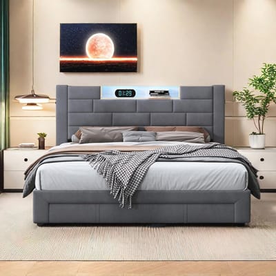 Tweepersoonsbed 160x200cm met boxspring, LED verlichting en USB oplaadfunctie, opbergruimte met lades, grijs fluweel