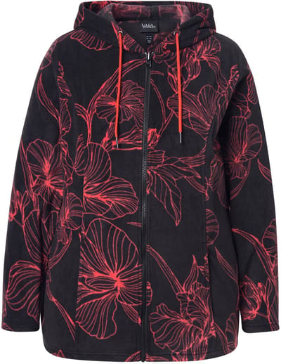Ulla Popken - Dames - Fleece jas bloemmotief capuchon lange mouw - Zwart - Maat 42+