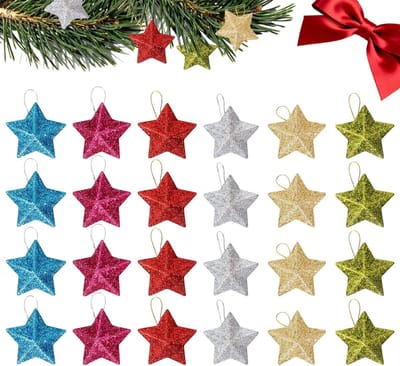 Set van 24 Glanzende Kerststerren van PP Materiaal voor Boomdecoratie, Poinsettia Hangers in Kleurrijke Stijl, Perfect voor Feestelijke Versiering