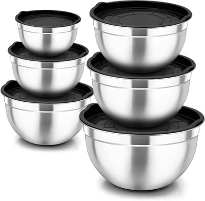Set van 6 RVS Mengkommen met Luchtdichte Deksel, Ideaal voor Salades, Mixen en Serveren, Stapelbaar en Vaatwasserbestendig, Capaciteit tot 4.5L