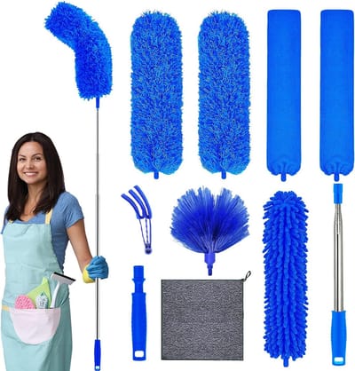 Uitschuifbare Microvezel Plumeau - Wasbare Reinigingsdoek - 250 cm Telescopische Stang - Buigbare Duster voor Hoge Plafonds en Spinnenwebben - Donkerblauw